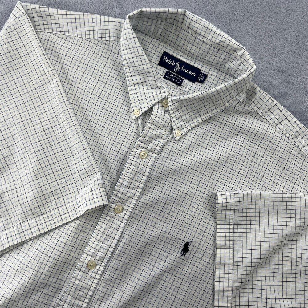 Ralph Lauren Blake Long Sleeve Tattersall Plaid Button Down Blue Shirt Size 18.5